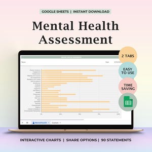 May include: A laptop displays a "Mental Health Assessment" spreadsheet. The screen shows a chart with horizontal bars and text labels. The image includes the text "GOOGLE SHEETS | INSTANT DOWNLOAD", "2 TABS", "EASY TO USE", "TIME SAVING", and "INTERACTIVE CHARTS | SHARE OPTIONS | 90 STATEMENTS".