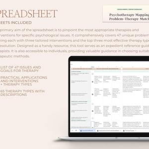 May include: A digital spreadsheet titled Psychotherapy Mapping Problem-Therapy Match displayed on a laptop screen. The document includes 47 issues, practical applications, interventions, and 65 therapy types with descriptions in a structured table.