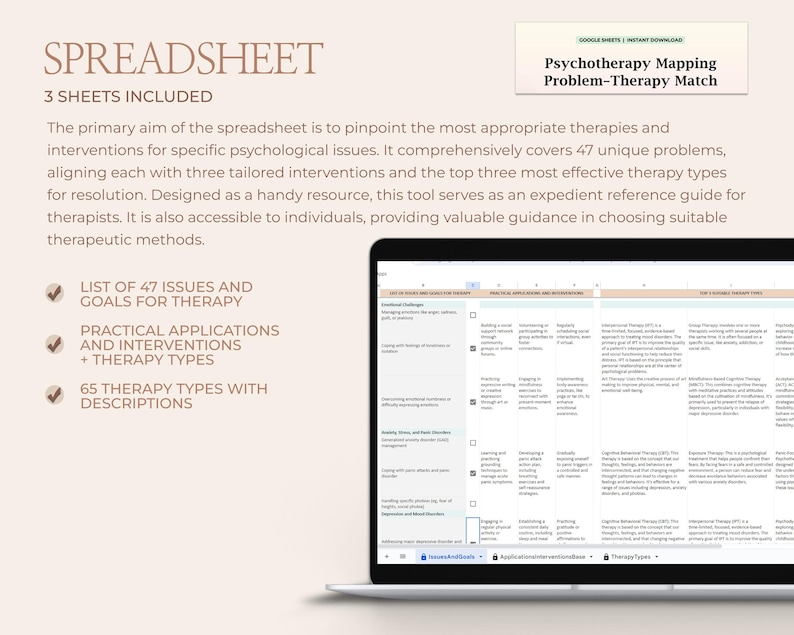 May include: A digital spreadsheet titled Psychotherapy Mapping Problem-Therapy Match displayed on a laptop screen. The document includes 47 issues, practical applications, interventions, and 65 therapy types with descriptions in a structured table.