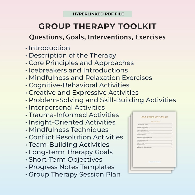 Gruppentherapie-Aktivitäten, Gruppentherapie-Fragen, Gruppentherapie-Leitfaden, Gruppentherapie-Sitzungsplan, Gruppentherapie-Ziele, – Eingriffs Bild 1
