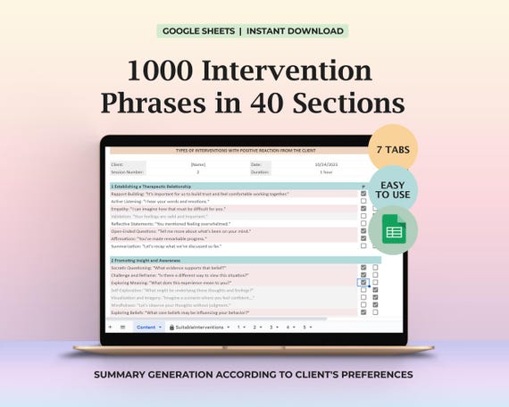 Therapeutic Intervention Phrases Therapy Template Counseling Tool Mental Health Aide Session Language Reference Guide Cheat Sheet Resource