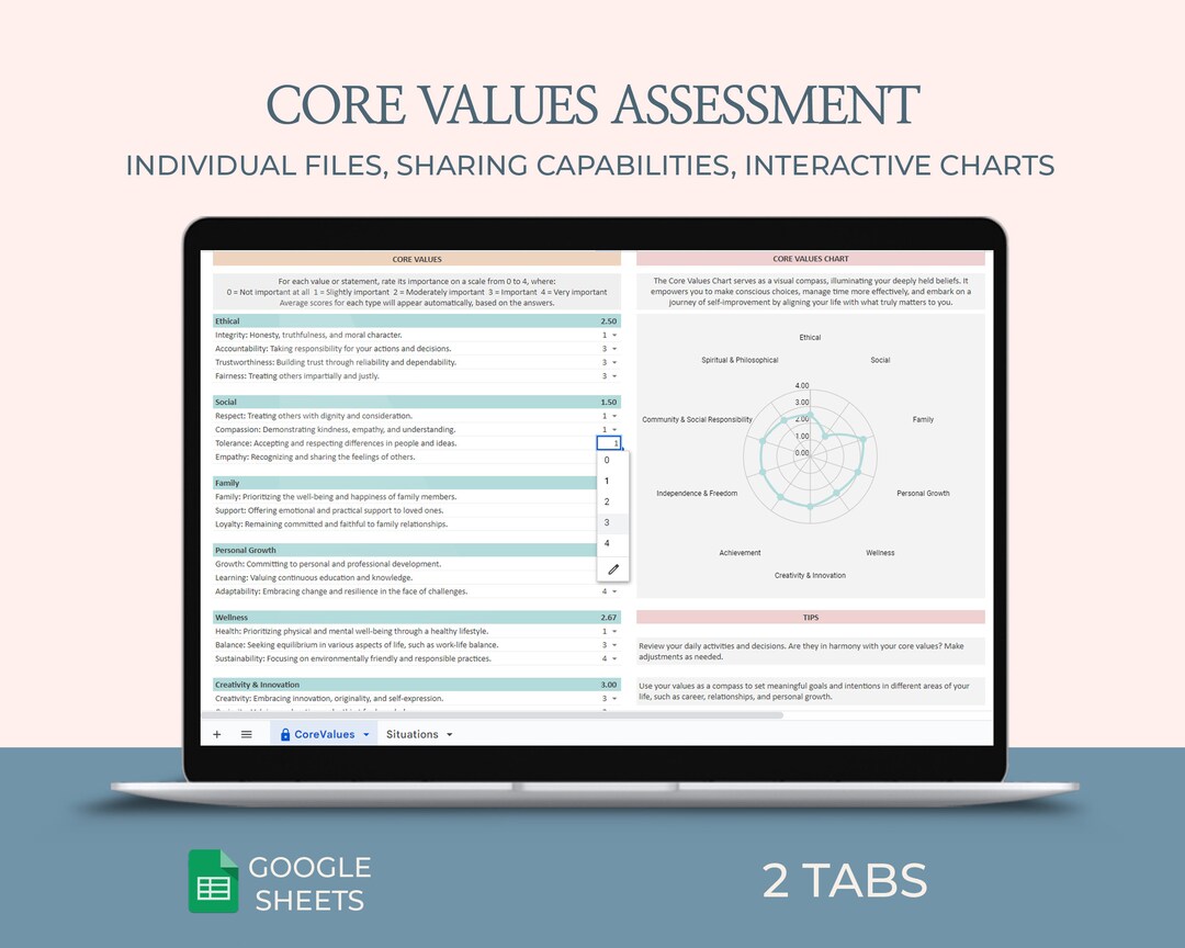 Core Values Worksheet, Core Beliefs Assessment, Personal Values