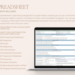 May include: A digital spreadsheet template for Google Sheets, designed for treatment plans and goals. The template includes sections for presenting problems, diagnosis, goals, objectives, interventions, expected outcomes, treatment modalities, frequency, session duration, estimated duration of plan, and progress monitoring tools. The template is prefilled with 200 presenting problems, 80 diagnosis, 130 goals, 110 objectives, 140 interventions, 140 expected outcomes, 50 treatment modalities, 15 frequency, 15 session duration, 20 estimated duration of plan, and 50 progress monitoring tools.