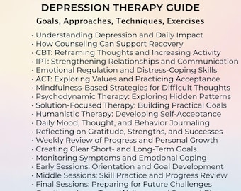 Può includere: Un documento digitale intitolato Depression Therapy Guide: Goals, Approaches, Techniques, Exercises. Elenca vari argomenti terapeutici, inclusi i metodi CBT, IPT, ACT, la mindfulness e le terapie psicodinamiche e umanistiche.
