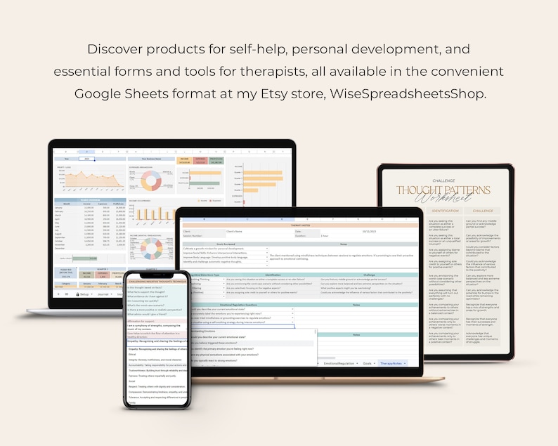 May include: Three computer screens displaying Google Sheets spreadsheets with various charts and graphs. The spreadsheets are titled "Thought Patterns Worksheet" and "Self-Compassion Measuring Scale".