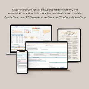 May include: A digital image showing a laptop, tablet, and smartphone displaying Google Sheets and PDF worksheets for self-help, personal development, and therapy. The worksheets are titled "Thought Patterns Worksheet" and "Therapy Notes".