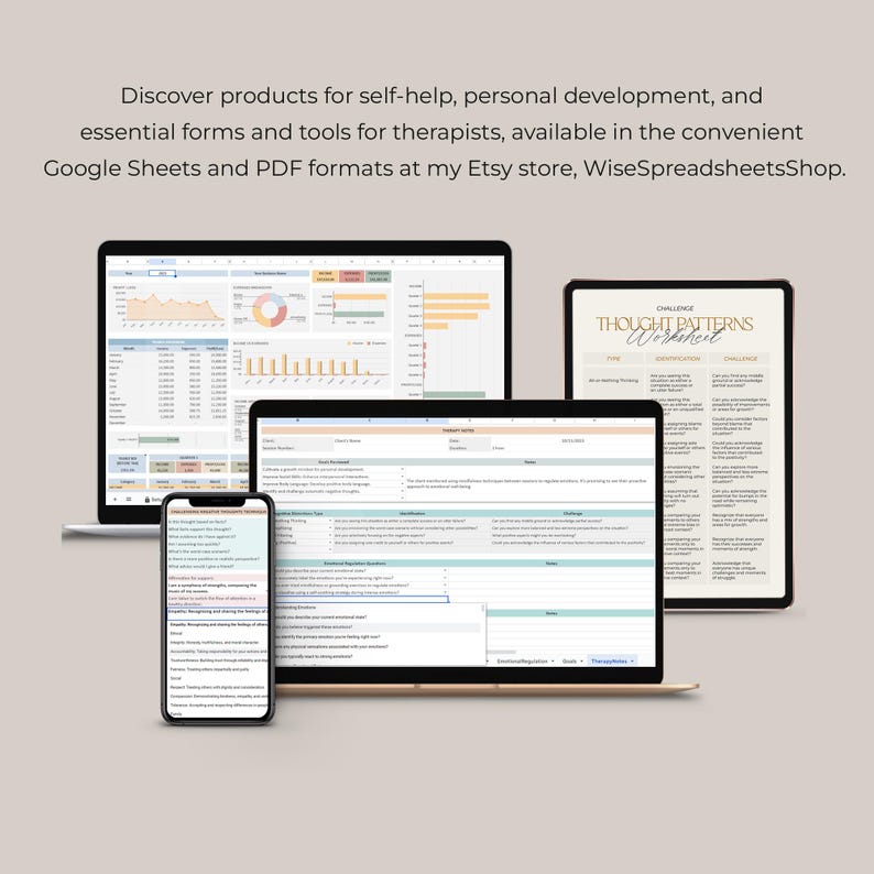 May include: A digital image showing a laptop, tablet, and smartphone displaying Google Sheets and PDF worksheets for self-help, personal development, and therapy. The worksheets are titled "Thought Patterns Worksheet" and "Therapy Notes".