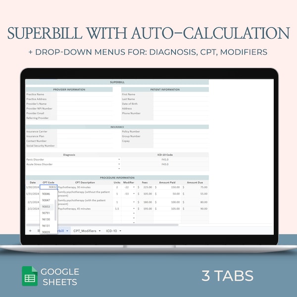 Superbill For Therapy, Superbill Google Sheets, Medical Superbill, Therapy Tool, Therapy Template, Counseling, Psychotherapist documentation