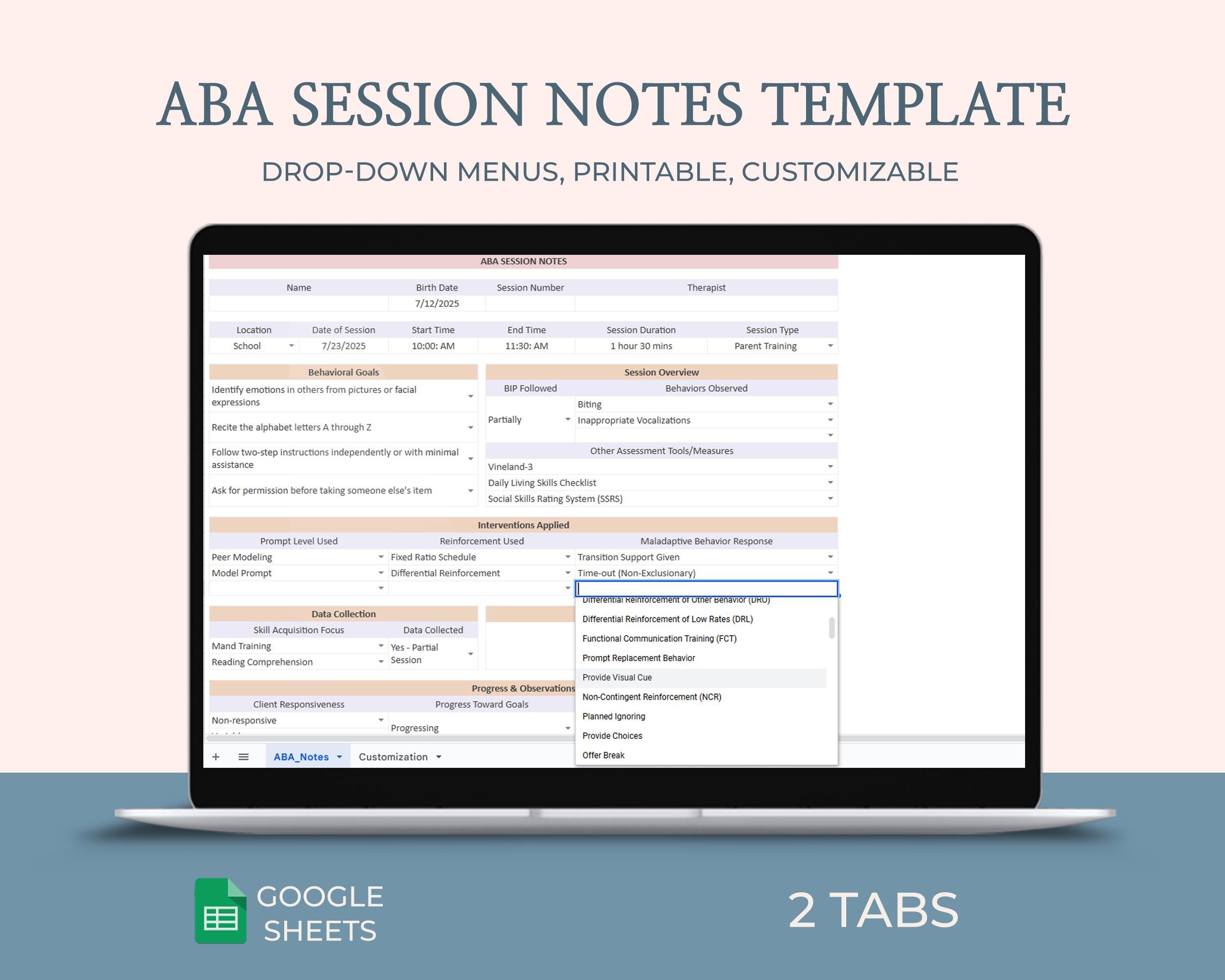ABA Sitzungsnotizen Vorlage BCBAs RBTs Angewandte Verhaltensanalytik Druckbares Digitales Blatt Therapie Datensammlung Sitzung Fortschrittsnachverfolgung