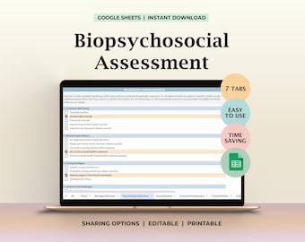 Hoja de cálculo de evaluación biopsicosocial Herramienta de admisión del terapeuta Asesoramiento en salud mental Resumen del historial del cliente Formulario de caso Planificador de notas de sesión