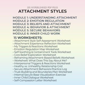 May include: A digital document listing six hyperlinked PDF files titled Attachment Styles, including modules on understanding attachment, emotion regulation, beliefs, behaviour, secure behaviours, and inner child work, plus fifteen worksheets.