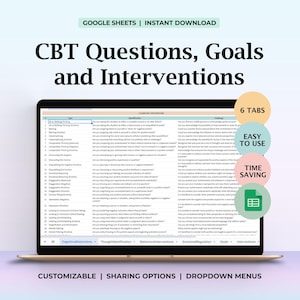 May include: A laptop screen displays a Google Sheets document titled CBT Questions, Goals and Interventions. The spreadsheet features columns for Type, Identification, and Challenge. Circular badges highlight 6 Tabs, Easy to Use, and Time Saving features.