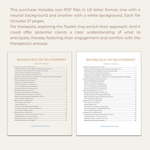 May include: Two pages from a guide titled "Building Healthy Relationships" with a table of contents listing topics such as therapeutic foundations, cognitive behavioral therapy, and attachment needs.