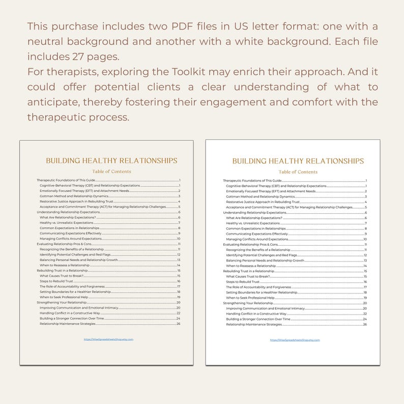 May include: Two pages from a guide titled "Building Healthy Relationships" with a table of contents listing topics such as therapeutic foundations, cognitive behavioral therapy, and attachment needs.
