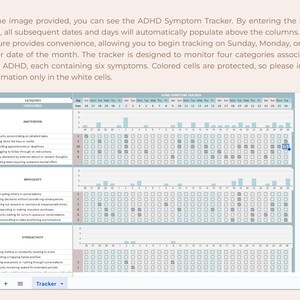 May include: A printable ADHD symptom tracker with a calendar grid for tracking symptoms. The tracker includes four categories: Inattention, Impulsivity, Hyperactivity, and Other. The calendar grid is color-coded for days of the week.