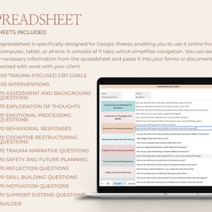 Puede incluir: Una captura de pantalla de una hoja de c&aacute;lculo de Google dise&ntilde;ada para que los terapeutas la usen con sus clientes. La hoja de c&aacute;lculo se titula "Preguntas Discutidas" e incluye secciones para preguntas de evaluaci&oacute;n y antecedentes, exploraci&oacute;n de pensamientos y creencias, preguntas de procesamiento emocional, respuestas conductuales y afrontamiento, preguntas de reestructuraci&oacute;n cognitiva, desarrollo de la narrativa del trauma, seguridad y planificaci&oacute;n futura, y preguntas de desarrollo de habilidades.