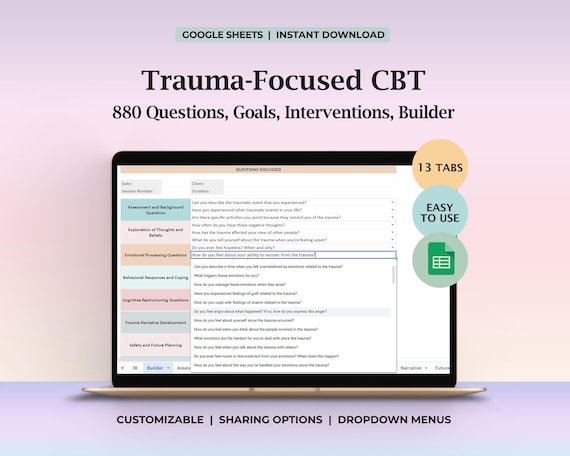 Trauma Focused CBT Spreadsheet Therapy Questions Goals Interventions Trauma Worksheets Counseling Psychology Tools Digital Template Guide