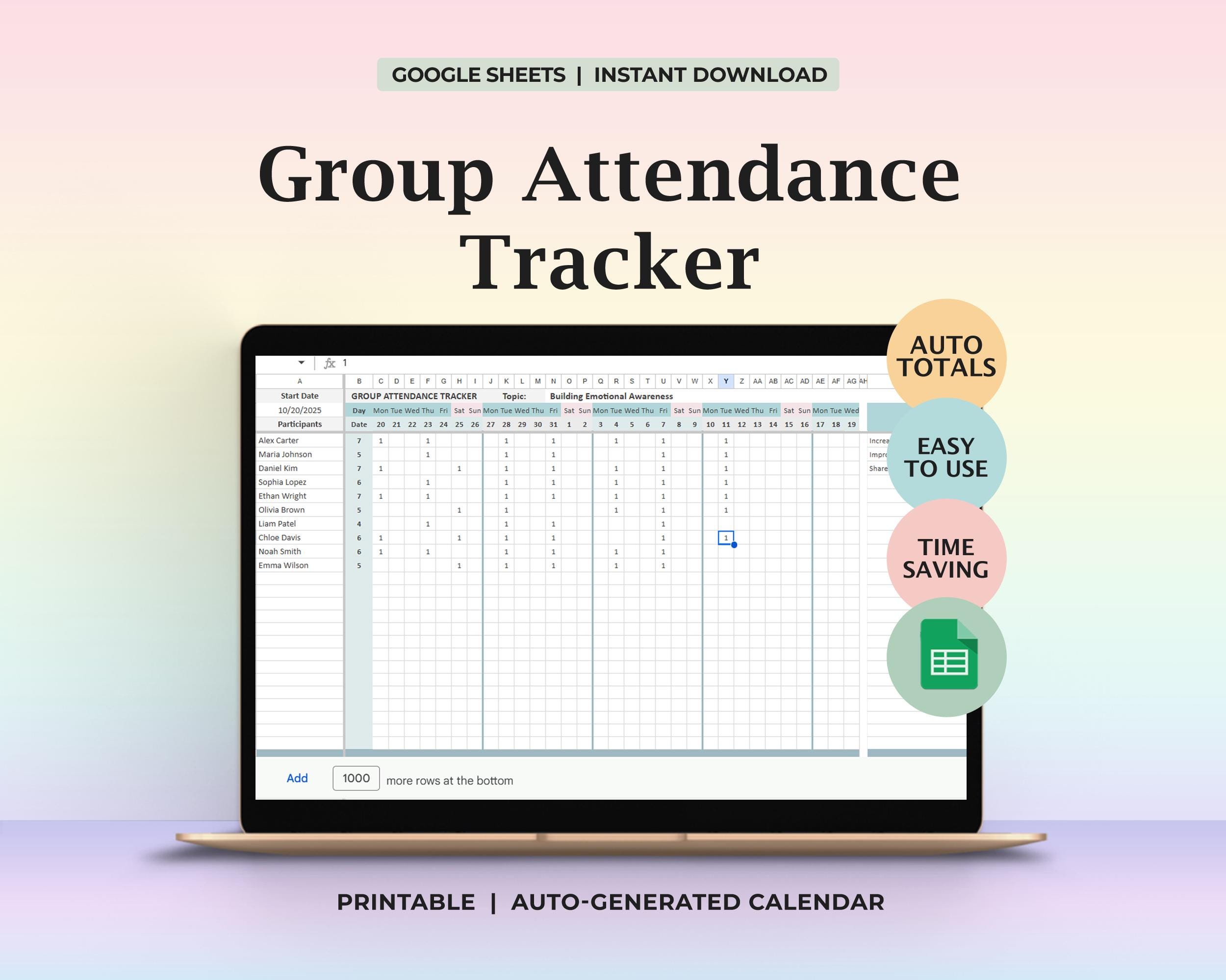 Group Attendance Tracker Spreadsheet Printable Google Sheets Attendance ...