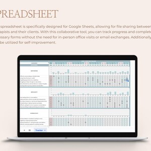 May include: A screenshot of a Google Sheet spreadsheet on a laptop screen. The spreadsheet is titled "Mood Symptom Tracker" and includes columns for dates and various mood symptoms. The spreadsheet is designed for therapists and clients to track progress and complete necessary forms.