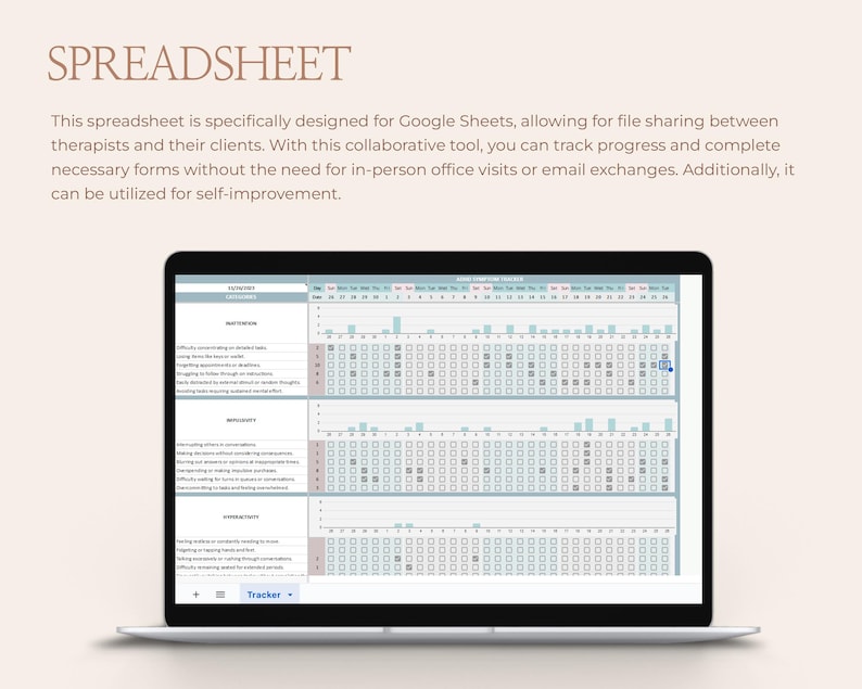 May include: A screenshot of a Google Sheet spreadsheet on a laptop screen. The spreadsheet is titled "Mood Symptom Tracker" and includes columns for dates and various mood symptoms. The spreadsheet is designed for therapists and clients to track progress and complete necessary forms.