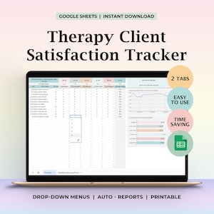 Hoja de cálculo de seguimiento de la satisfacción del cliente de terapia, Hojas de cálculo de Google, Plantilla de encuesta de comentarios, Gráficos de calificaciones de sesiones, Herramienta profesional para mejorar la práctica