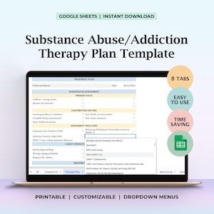 Substance Abuse Therapy Plan Template Addiction Recovery Planner for Counselors Social Workers Goal-Based Digital Mental Health Tool