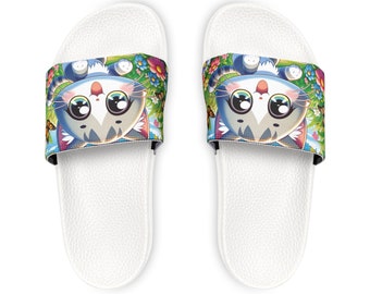 Cute Kitten in field of flowers - Youth PU Slide Sandals