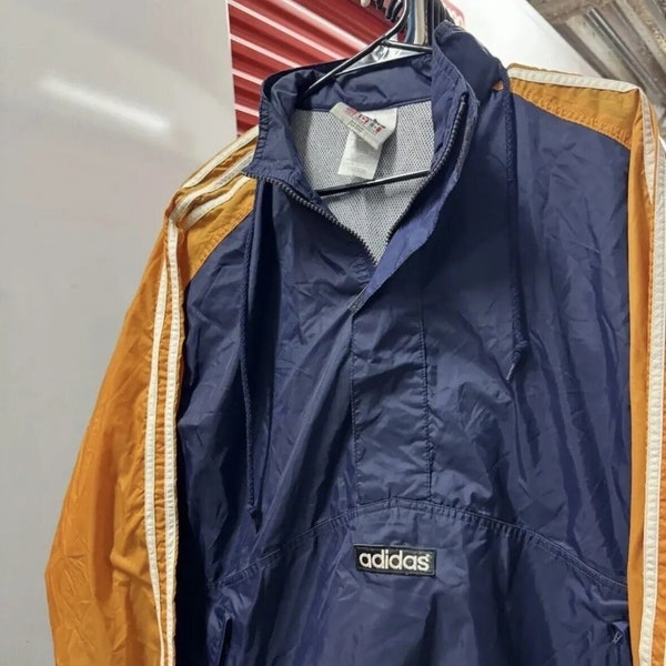 Vintage 90s Adidas Orange Blue Three Stripe Logo Hooded Anorak Jacket Size S