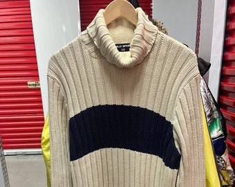 Vintage 90s Polo Sport Ralph Lauren Beige Knit Turtleneck Sweater Size Large