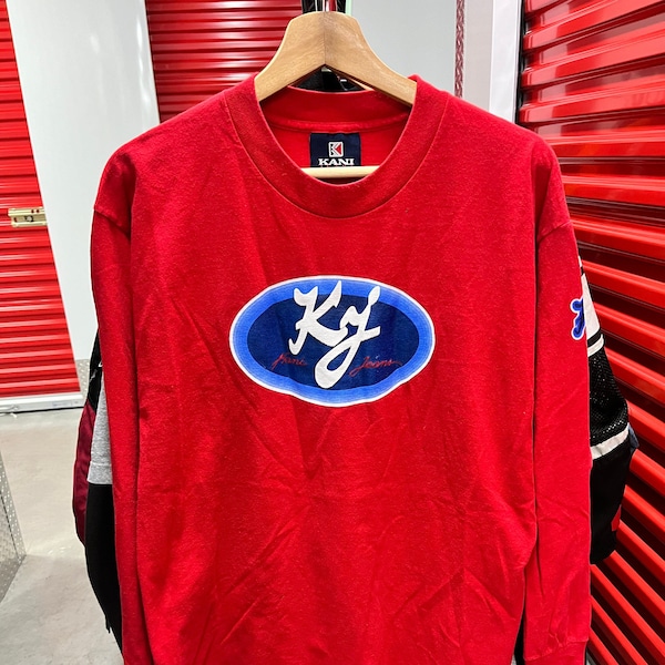 Vintage 90s Karl Kani Jeans Blue KJ Circle Logo Red Long Sleeve T-shirt Large