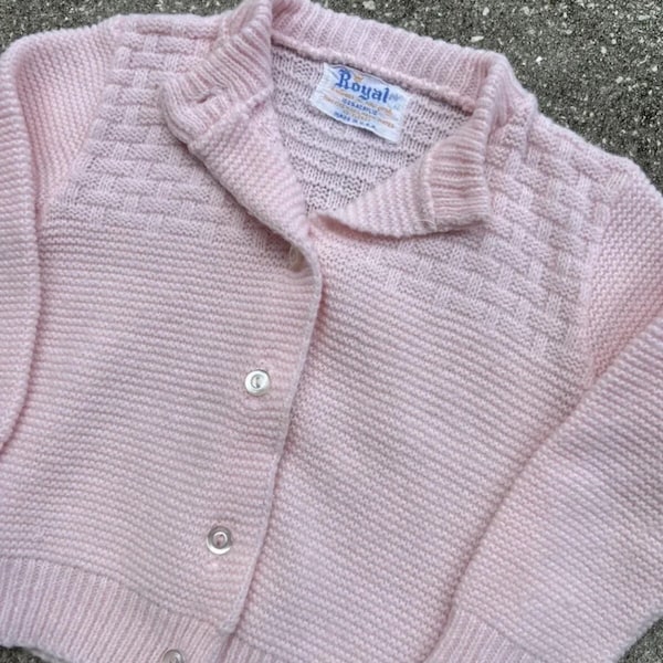 Vintage 1970s Royal Baby Pink Acrylic Buttoned Babies Cardigan Size 6mos.