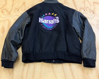 Vintage Harrahs Men's Size XL Black Wool & Leather Snap Button Varsity Jacket