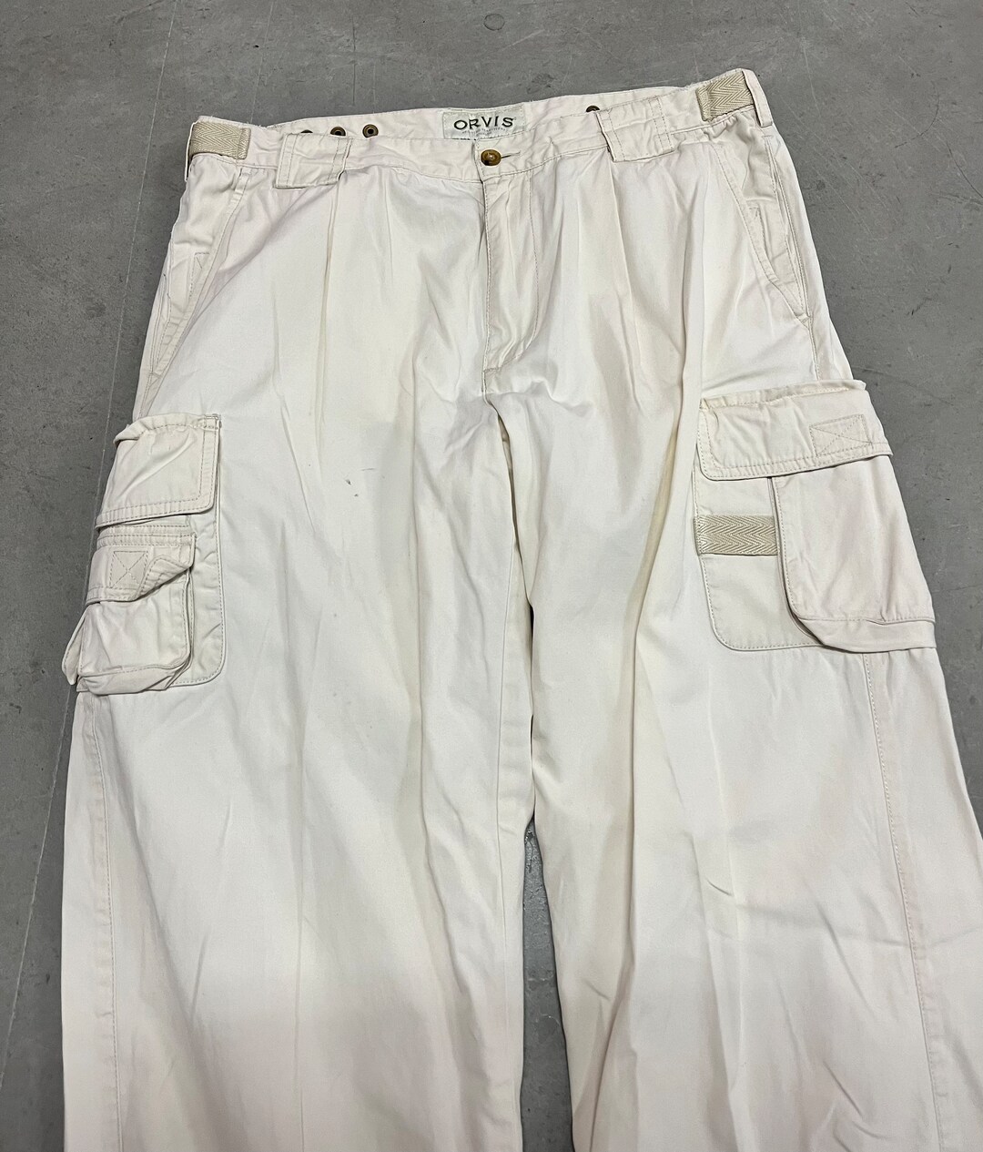 Orvis Cargo Pants Mens Size 34 Beige Ivory Cotton Safari Hiking Adj