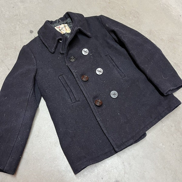 US Navy Issue Pea Coat Size 14 100% Wool 1960s Vintage Jacket Blue Monterey Club