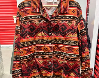 Vintage Chicos Diseño Azteca Hippie Boho Botón Abajo Camisa Mujer Tamaño 2