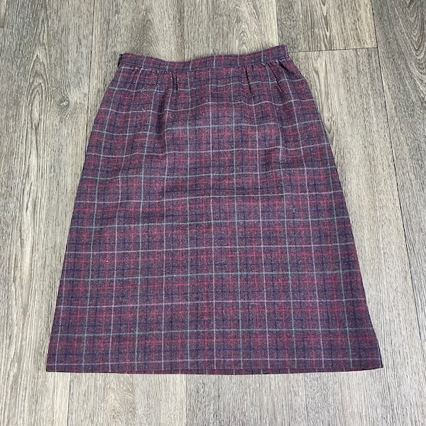 Vintage Pendleton Purple 100% Wool Tartan Plaid Knee Length Pencil Skirt Size 12