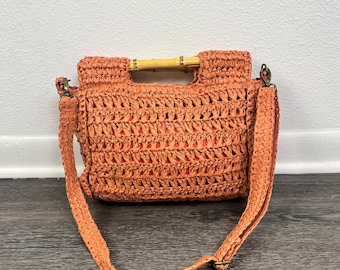 Free People Vintage Style Bamboo Handled Basket Woven Style Crochet Boho Purse