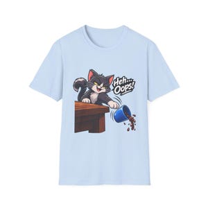 Heh Oops Cat Knocking Over Cup T-Shirt | Funny Cat Owner Tee | Chaos Gremlin Cat image 5