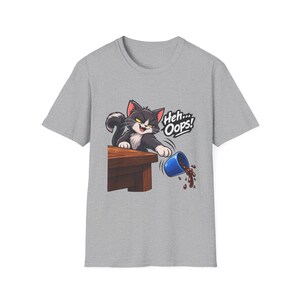 Heh Oops Cat Knocking Over Cup T-Shirt | Funny Cat Owner Tee | Chaos Gremlin Cat image 3