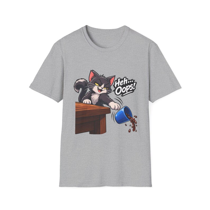 Heh Oops Cat Knocking Over Cup T-Shirt | Funny Cat Owner Tee | Chaos Gremlin Cat image 3