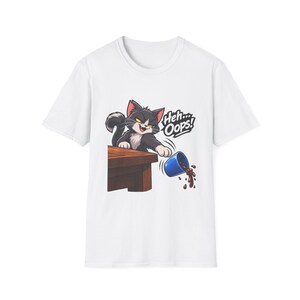 Heh Oops Cat Knocking Over Cup T-Shirt | Funny Cat Owner Tee | Chaos Gremlin Cat image 2