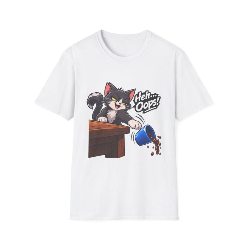 Heh Oops Cat Knocking Over Cup T-Shirt | Funny Cat Owner Tee | Chaos Gremlin Cat image 2