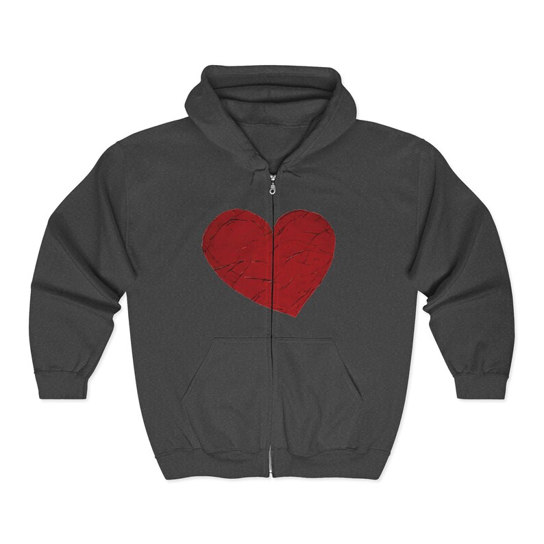 Sudadera con capucha y cremallera completa de MerchStamp Support / Corazón rojo en la parte delantera, logo en la parte trasera imagen 5