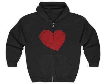 MerchStamp Support Hoodie | Full Zip Hooded Sweatshirt | Red Heart Front, Logo Back