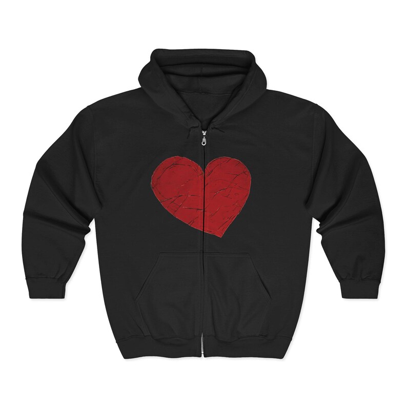Sudadera con capucha y cremallera completa de MerchStamp Support / Corazón rojo en la parte delantera, logo en la parte trasera imagen 1