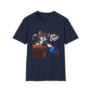 Heh Oops Cat Knocking Over Cup T-Shirt | Funny Cat Owner Tee | Chaos Gremlin Cat image 6