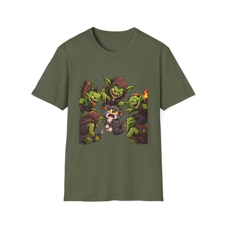 Cat Surrounded By Goblins T-Shirt | Funny Fantasy Gaming Tee | Goblin Raid immagine 3