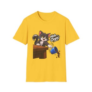 Heh Oops Cat Knocking Over Cup T-Shirt | Funny Cat Owner Tee | Chaos Gremlin Cat image 4