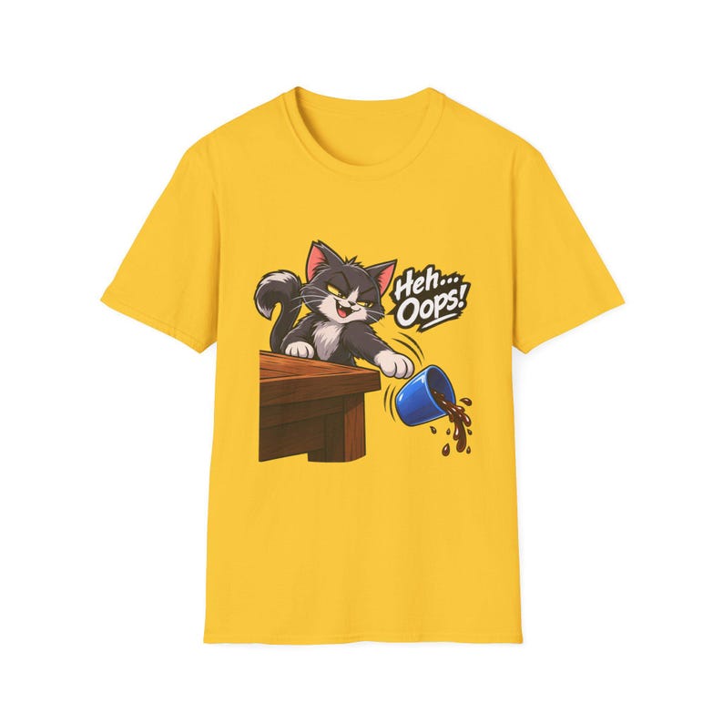Heh Oops Cat Knocking Over Cup T-Shirt | Funny Cat Owner Tee | Chaos Gremlin Cat image 4