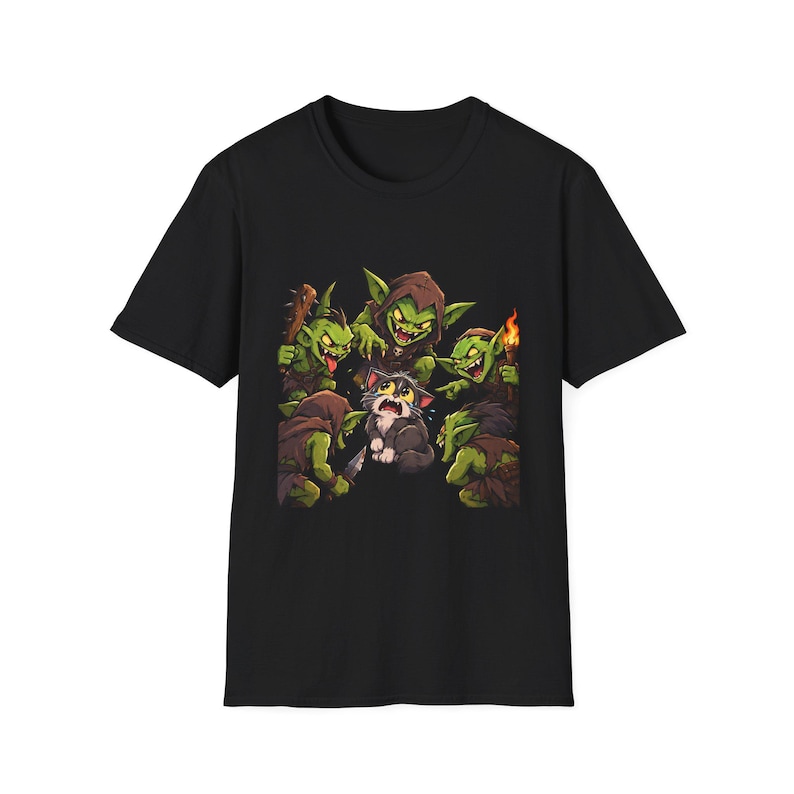 Cat Surrounded By Goblins T-Shirt | Funny Fantasy Gaming Tee | Goblin Raid immagine 1